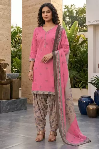 Peach printed cotton blend stitched geometric print salwar kurta dupatta for women