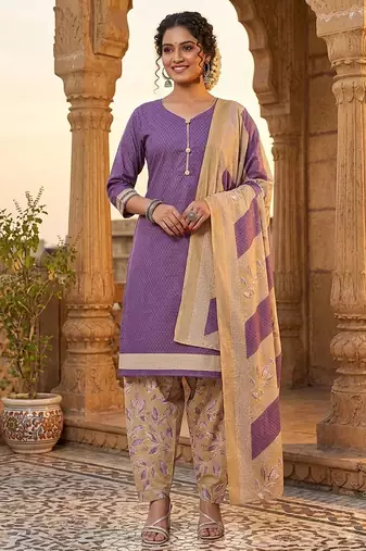 Purple printed cotton blend stitched geometric print salwar kurta dupatta for women