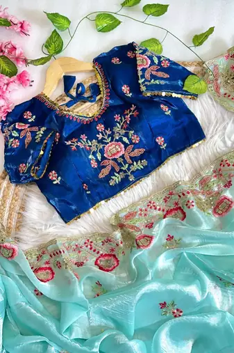 Sky Blue Color embroidery  sequence Work Silk Blend Saree
