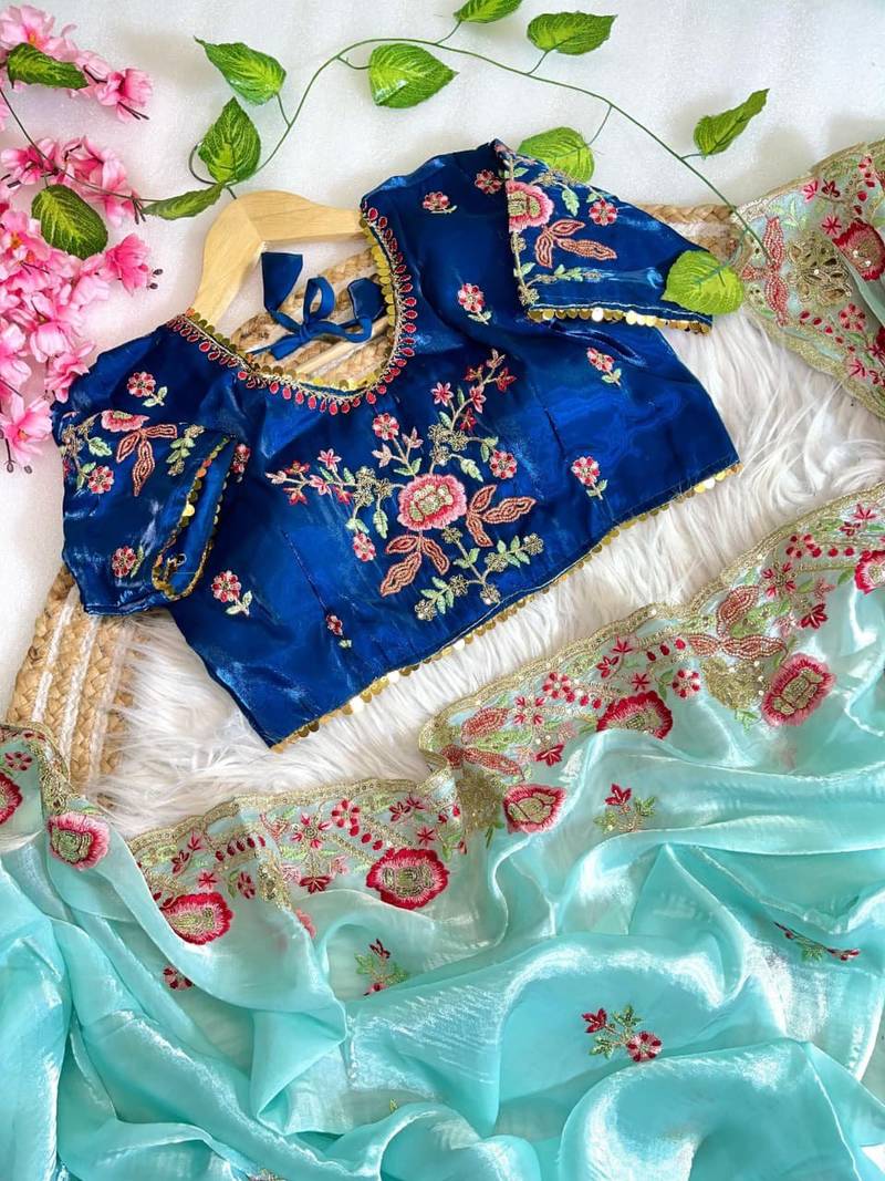Sky Blue Color embroidery  sequence Work Silk Blend Saree