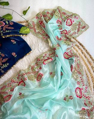 Sky Blue Color embroidery  sequence Work Silk Blend Saree 2