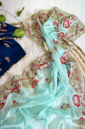 Sky Blue Color embroidery  sequence Work Silk Blend Saree