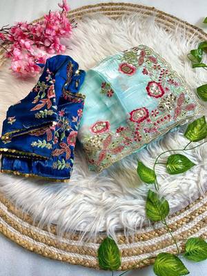 Sky Blue Color embroidery  sequence Work Silk Blend Saree 3