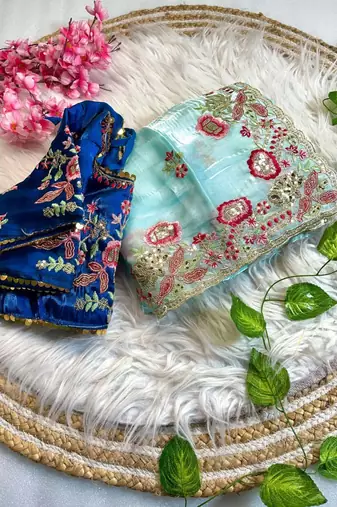 Sky Blue Color embroidery  sequence Work Silk Blend Saree