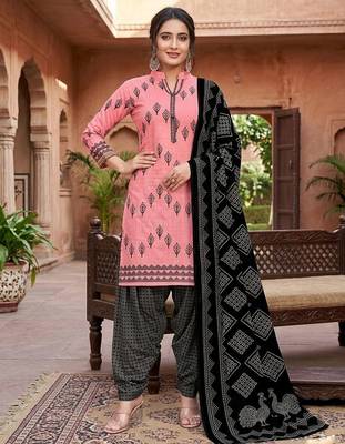 Pink printed cotton blend stitched geometric print salwar kurta dupatta for women 4