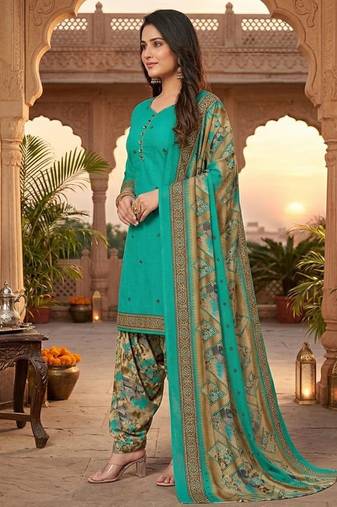 Teal printed cotton blend stitched floral print salwar kurta dupatta for women