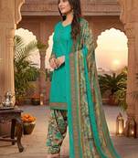 Teal printed cotton blend stitched floral print salwar kurta dupatta for women