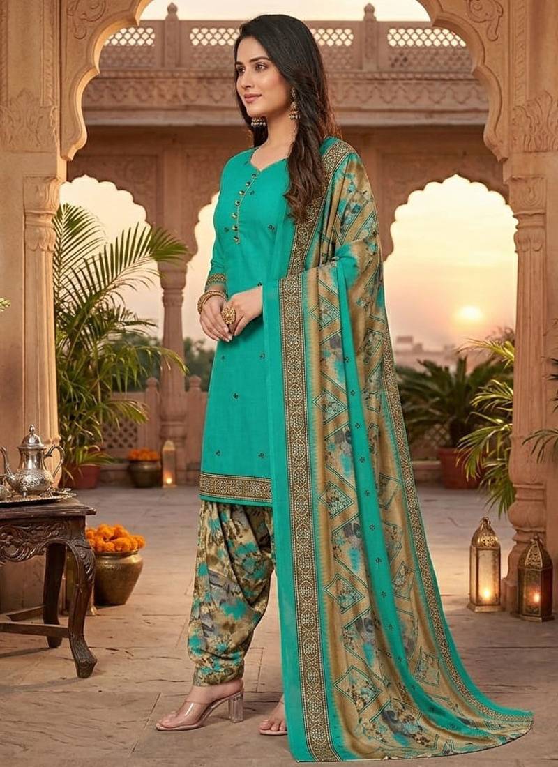 Teal printed cotton blend stitched floral print salwar kurta dupatta for women