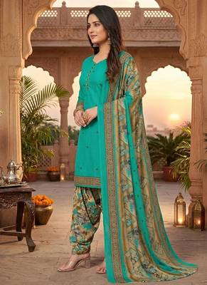 Teal printed cotton blend stitched floral print salwar kurta dupatta for women 4