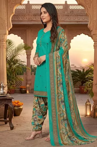 Teal printed cotton blend stitched floral print salwar kurta dupatta for women
