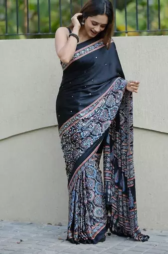 Black Color Mirror Work Satin Saree