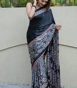 Black Color Mirror Work Satin Saree