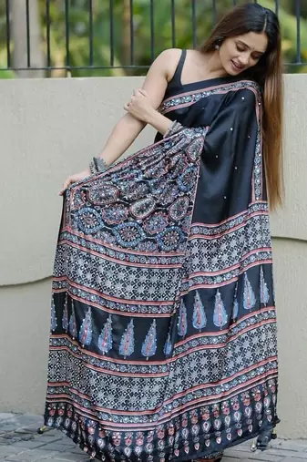 Black Color Mirror Work Satin Saree