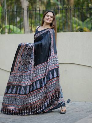 Black Color Mirror Work Satin Saree 3