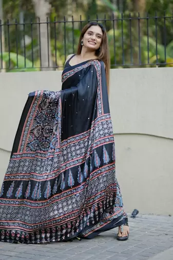 Black Color Mirror Work Satin Saree