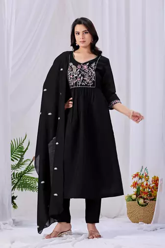 Black embroidered mul cotton kurta pant dupatta set | handwork & floral embroidery