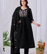 Black embroidered mul cotton kurta pant dupatta set | handwork & floral embroidery