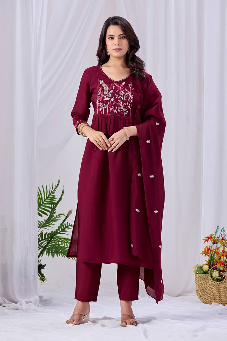 Maroon embroidered mul cotton kurta pant dupatta set | handwork & floral embroidery