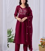 Maroon embroidered mul cotton kurta pant dupatta set | handwork & floral embroidery