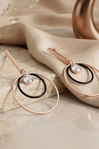 Gold Plated CZ Long Bar Circular Geometric Hoop Dangle Drop Earrings for Girls and Wo 
