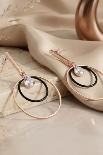 Gold Plated CZ Long Bar Circular Geometric Hoop Dangle Drop Earrings for Girls and Wo 