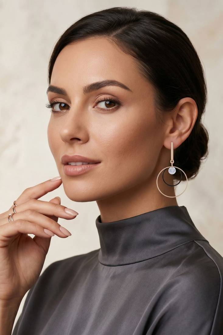 Gold Plated CZ Long Bar Circular Geometric Hoop Dangle Drop Earrings for Girls and Wo 