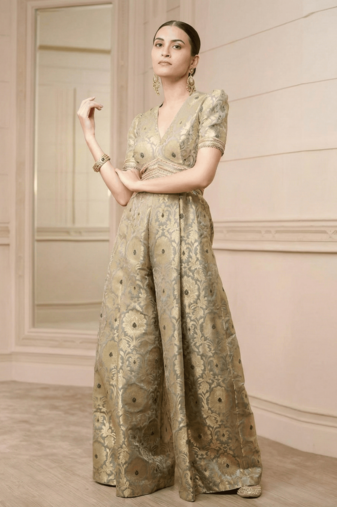 Handwoven Banarasi Brocade Suit Widelegged Party Wear Jumpsuit In Pista Golden Colour