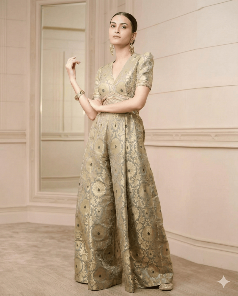 Handwoven Banarasi Brocade Suit Widelegged Party Wear Jumpsuit In Pista Golden Colour