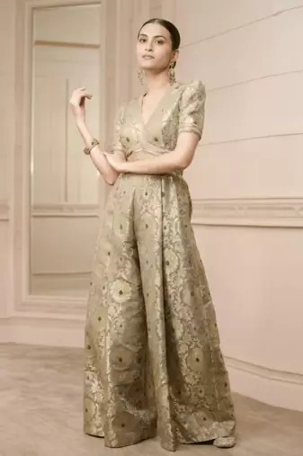 Handwoven Banarasi Brocade Suit Widelegged Party Wear Jumpsuit In Pista Golden Colour