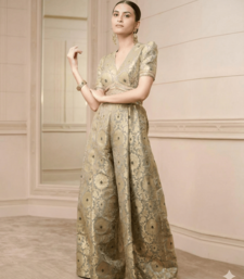 Handwoven Banarasi Brocade Suit Widelegged Party Wear Jumpsuit In Pista Golden Colour