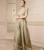 Handwoven Banarasi Brocade Suit Widelegged Party Wear Jumpsuit In Pista Golden Colour