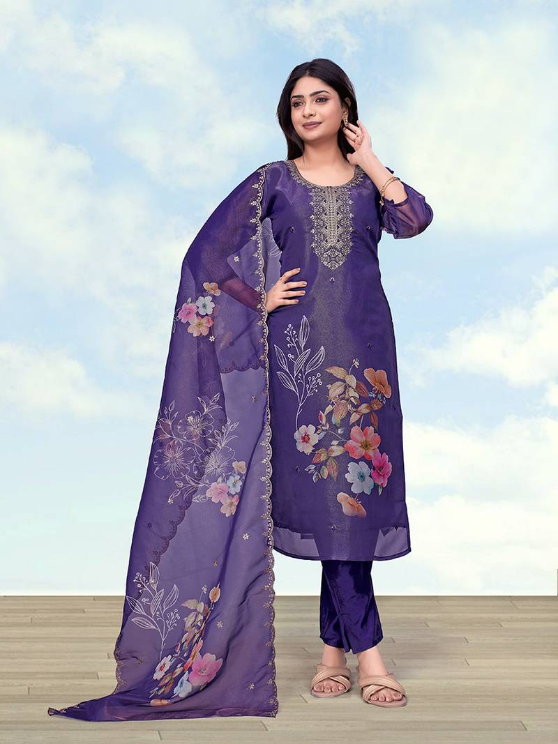 Purple simar kurta set with floral print