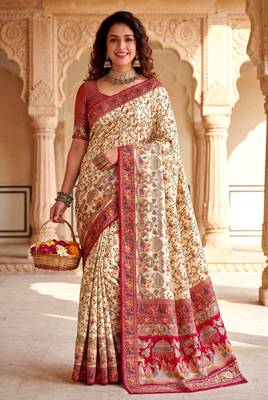 Off White Color  Kashmiri Thread Wooven Work Silk Blend Saree 1