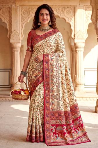 Off White Color  Kashmiri Thread Wooven Work Silk Blend Saree