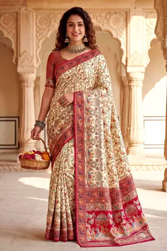 Off White Color  Kashmiri Thread Wooven Work Silk Blend Saree