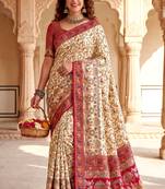 Off White Color  Kashmiri Thread Wooven Work Silk Blend Saree