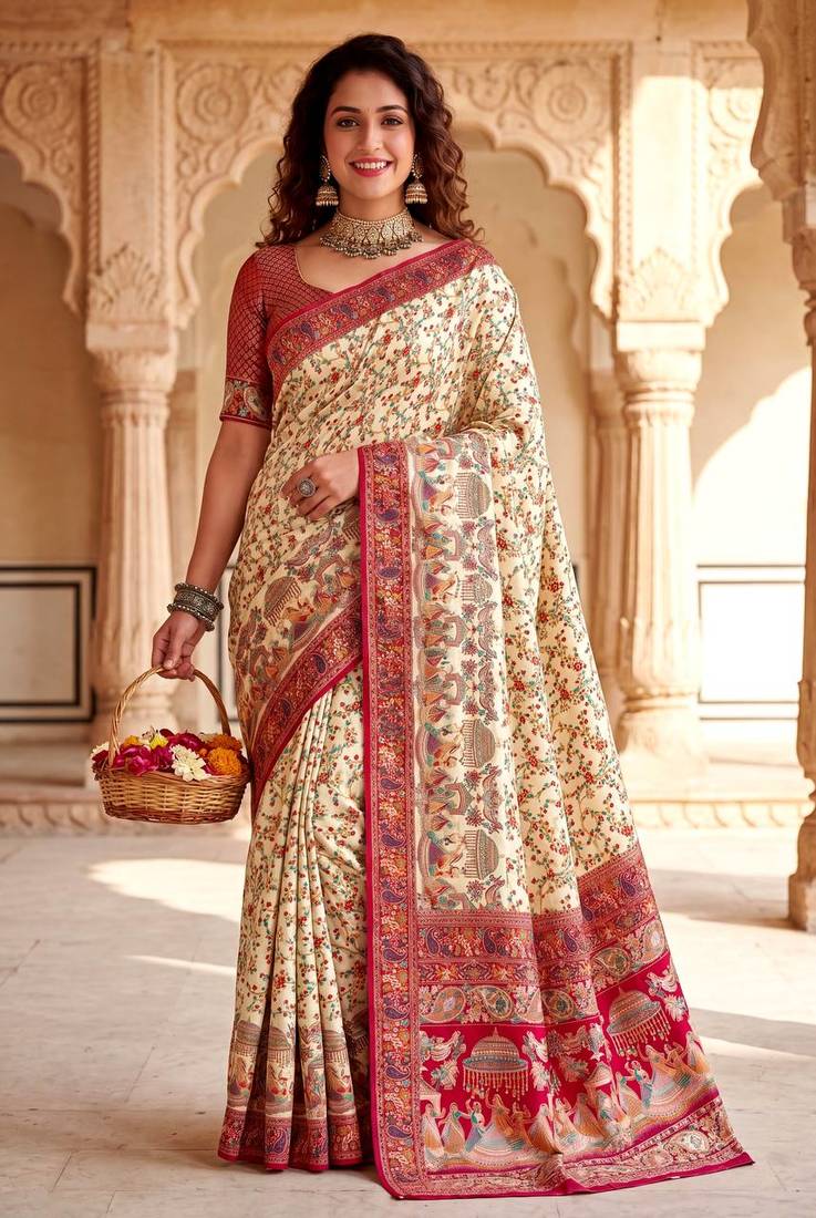 Off White Color  Kashmiri Thread Wooven Work Silk Blend Saree