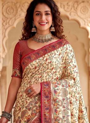 Off White Color  Kashmiri Thread Wooven Work Silk Blend Saree 2