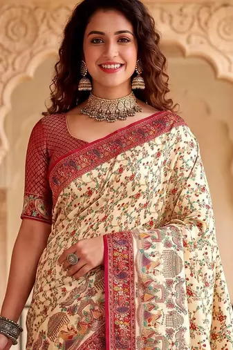 Off White Color  Kashmiri Thread Wooven Work Silk Blend Saree