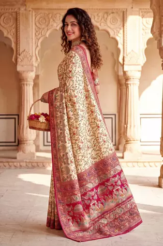 Off White Color  Kashmiri Thread Wooven Work Silk Blend Saree