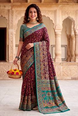 Wine Color  Kashmiri Thread Wooven Work Silk Blend Saree 1