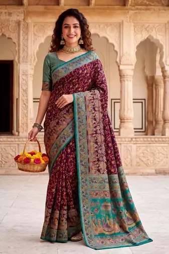 Wine Color  Kashmiri Thread Wooven Work Silk Blend Saree