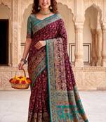 Wine Color  Kashmiri Thread Wooven Work Silk Blend Saree