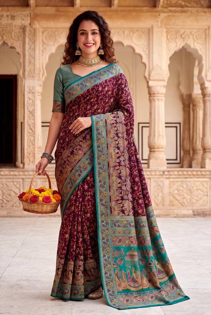 Wine Color  Kashmiri Thread Wooven Work Silk Blend Saree