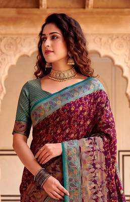 Wine Color  Kashmiri Thread Wooven Work Silk Blend Saree 2