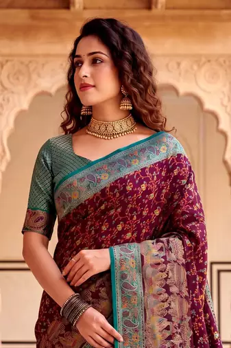Wine Color  Kashmiri Thread Wooven Work Silk Blend Saree