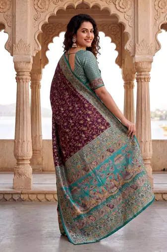 Wine Color  Kashmiri Thread Wooven Work Silk Blend Saree