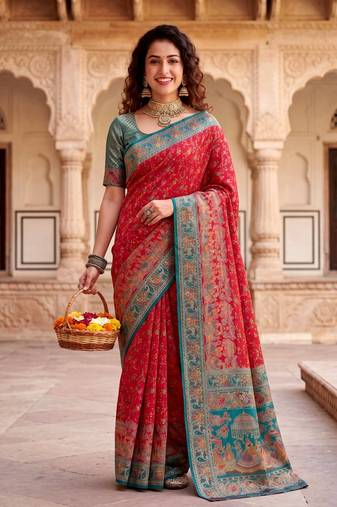Red Color  Kashmiri Thread Wooven Work Silk Blend Saree