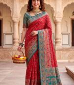 Red Color  Kashmiri Thread Wooven Work Silk Blend Saree