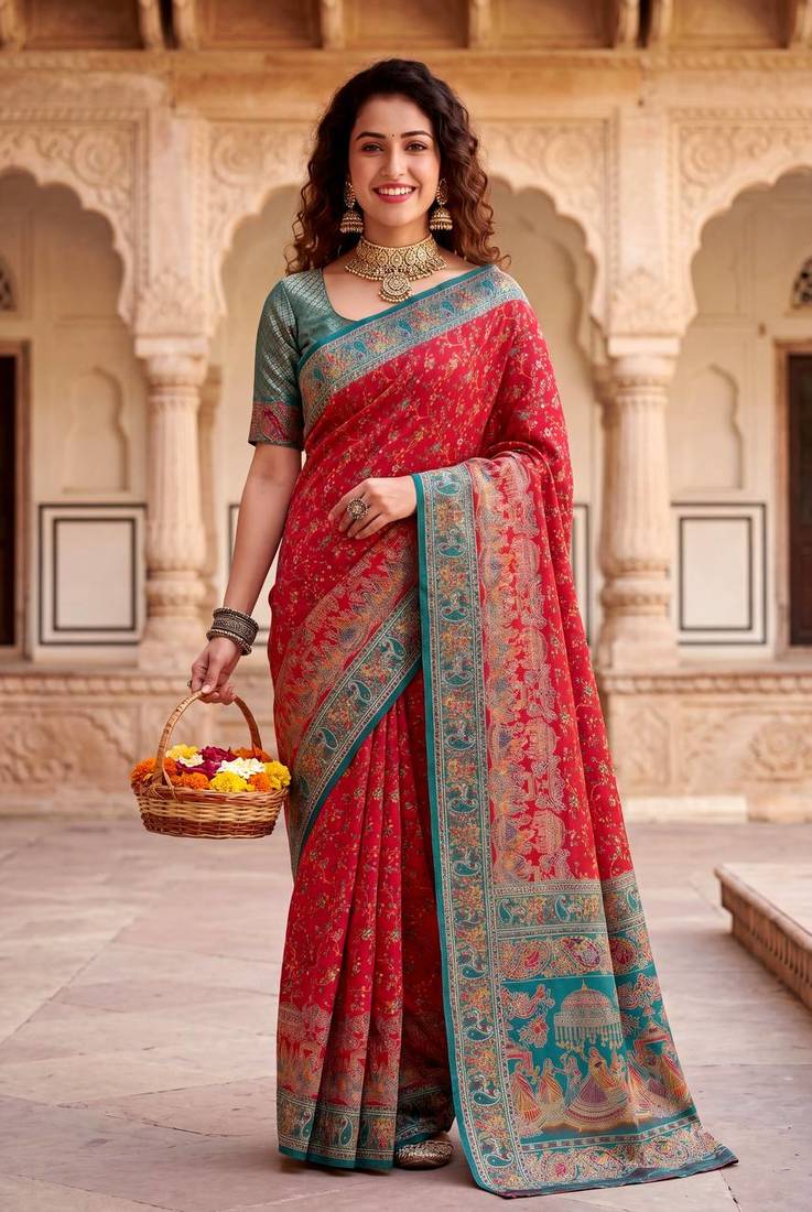 Red Color  Kashmiri Thread Wooven Work Silk Blend Saree
